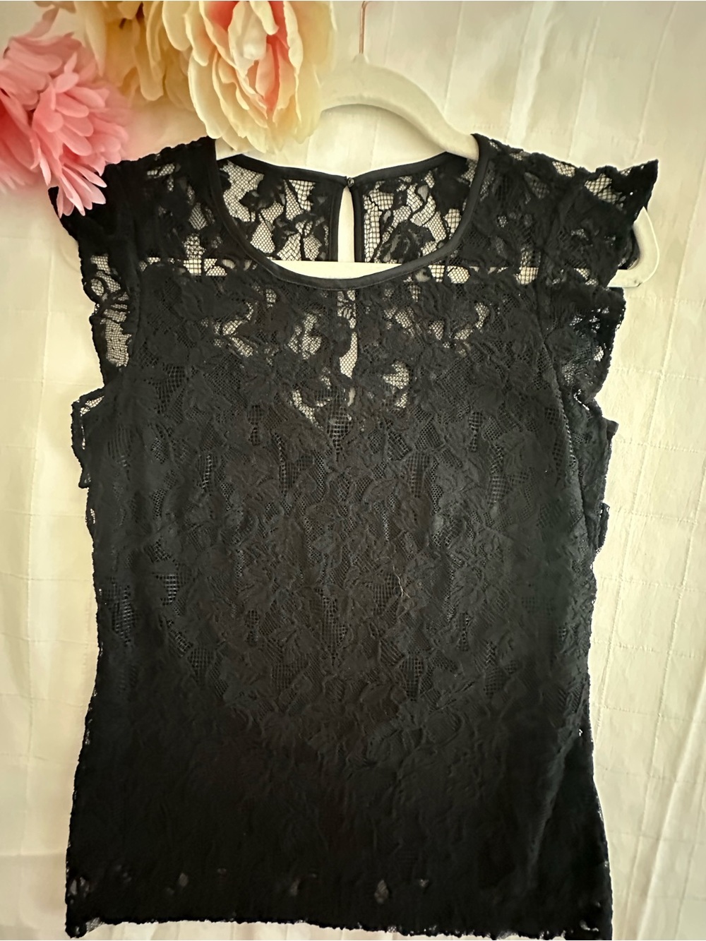 White House Black Market NWOT Black Lace Cap-Sleeve Top!